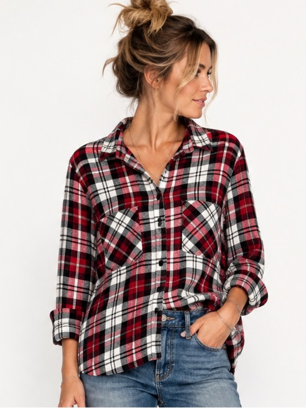 Seven7 Plaid Flannel Button-Down Shirt - Red,Black,White w/ Silver Highlights LG